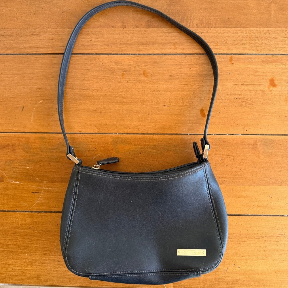 Liz Claiborne Black Faux Leather Small Shoulder Bag Baguette Purse Gold Logo - Picture 2 of 11